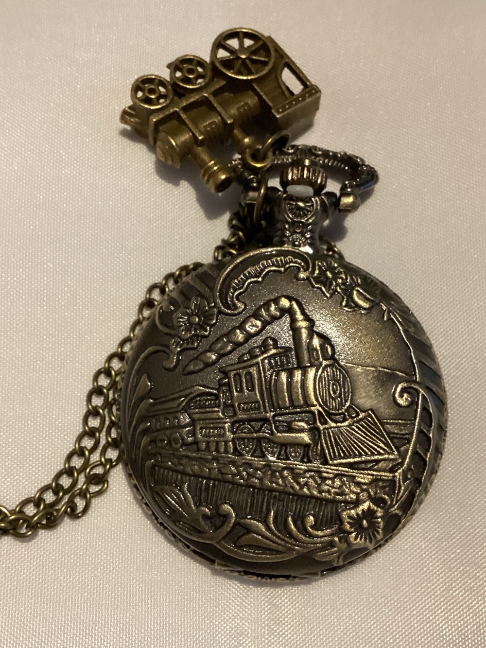 Vintage-Style Train Pocket Watch Pendant - Brass-Tone